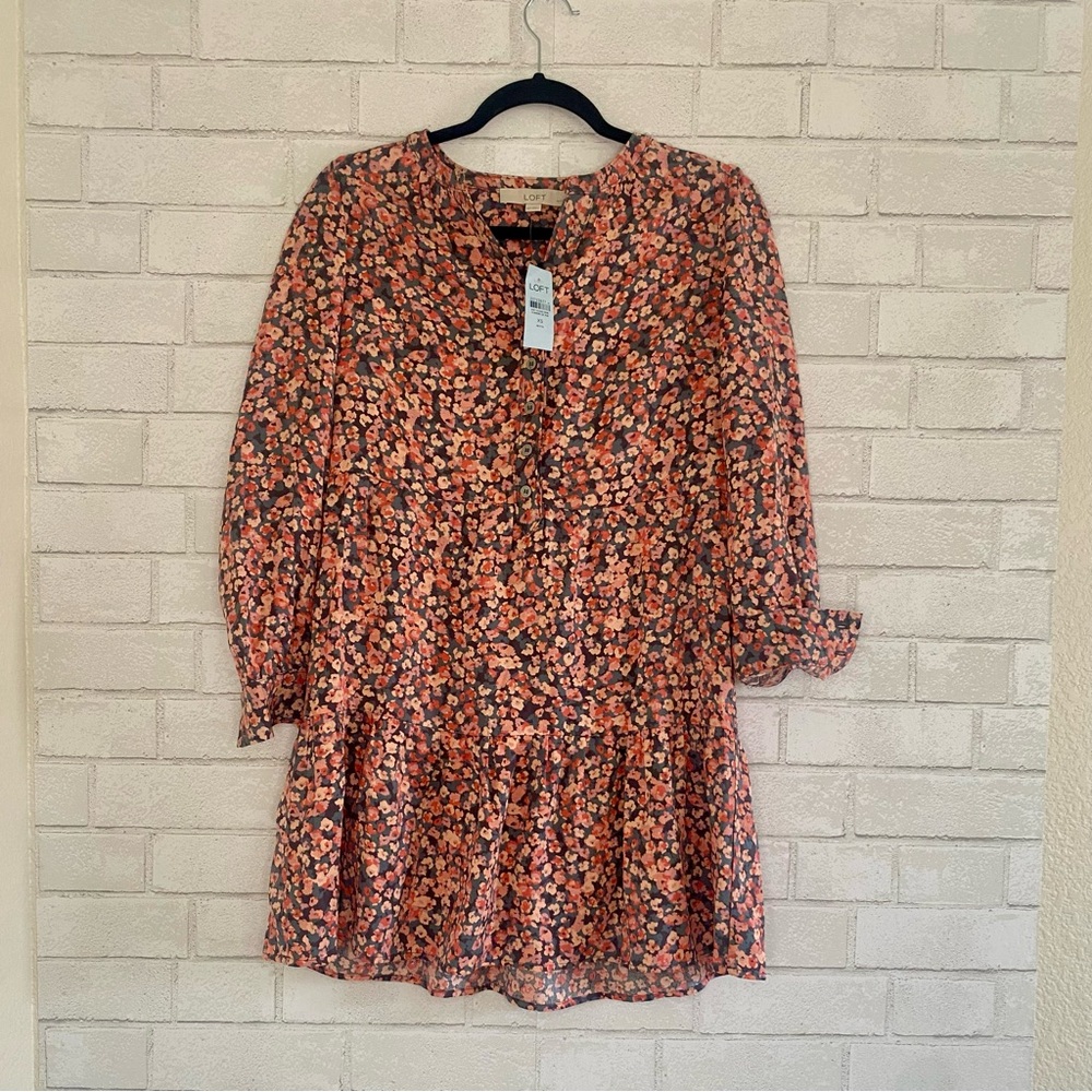 Loft XS Petite Woman’s Dress Floral, Button UP Front Accent Long Sleeve NWT
